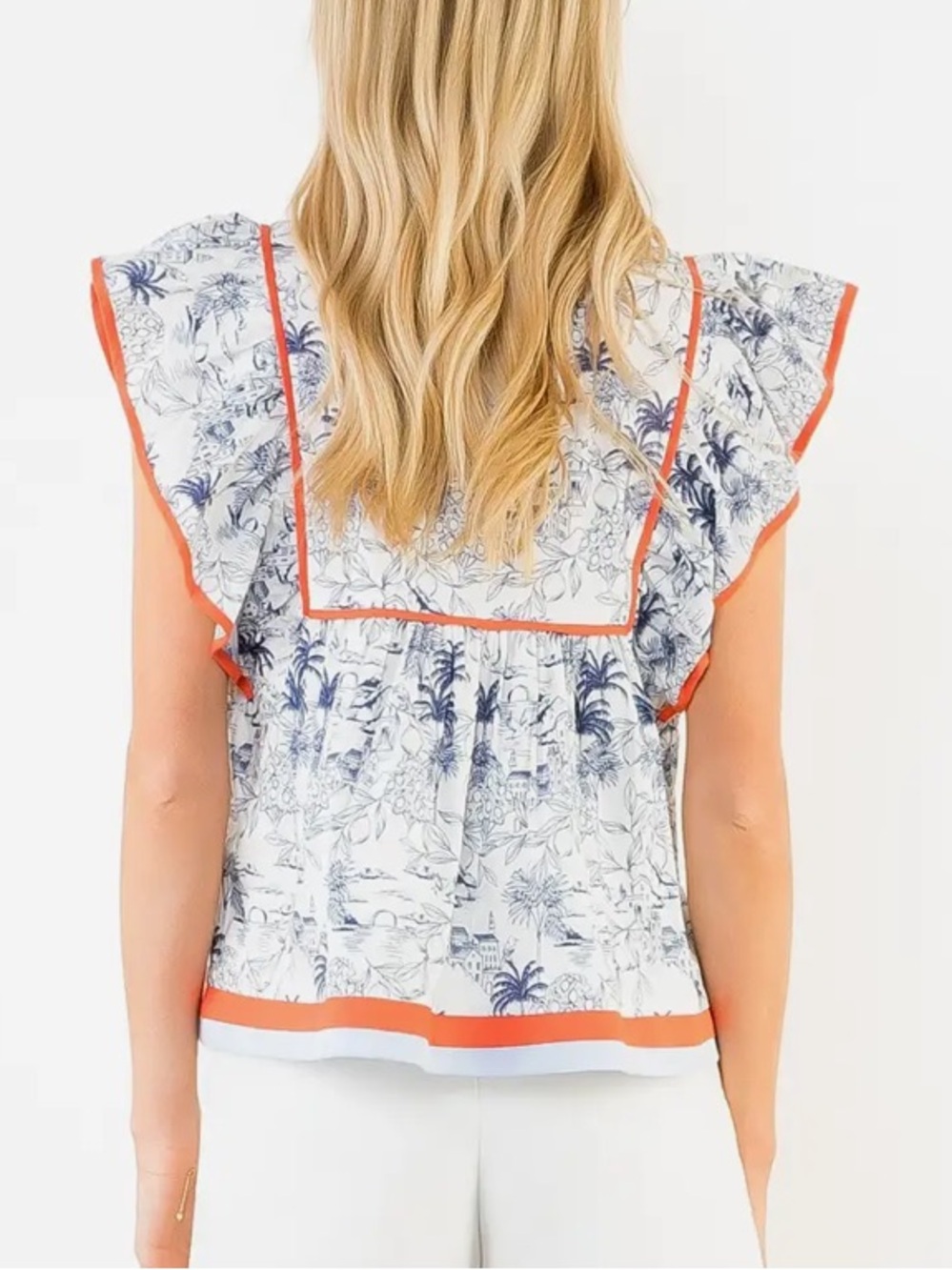 THML White & Blue Printed Flutter Sleeve Top with Orange Trim. SALE !!! - Picture 3 of 5